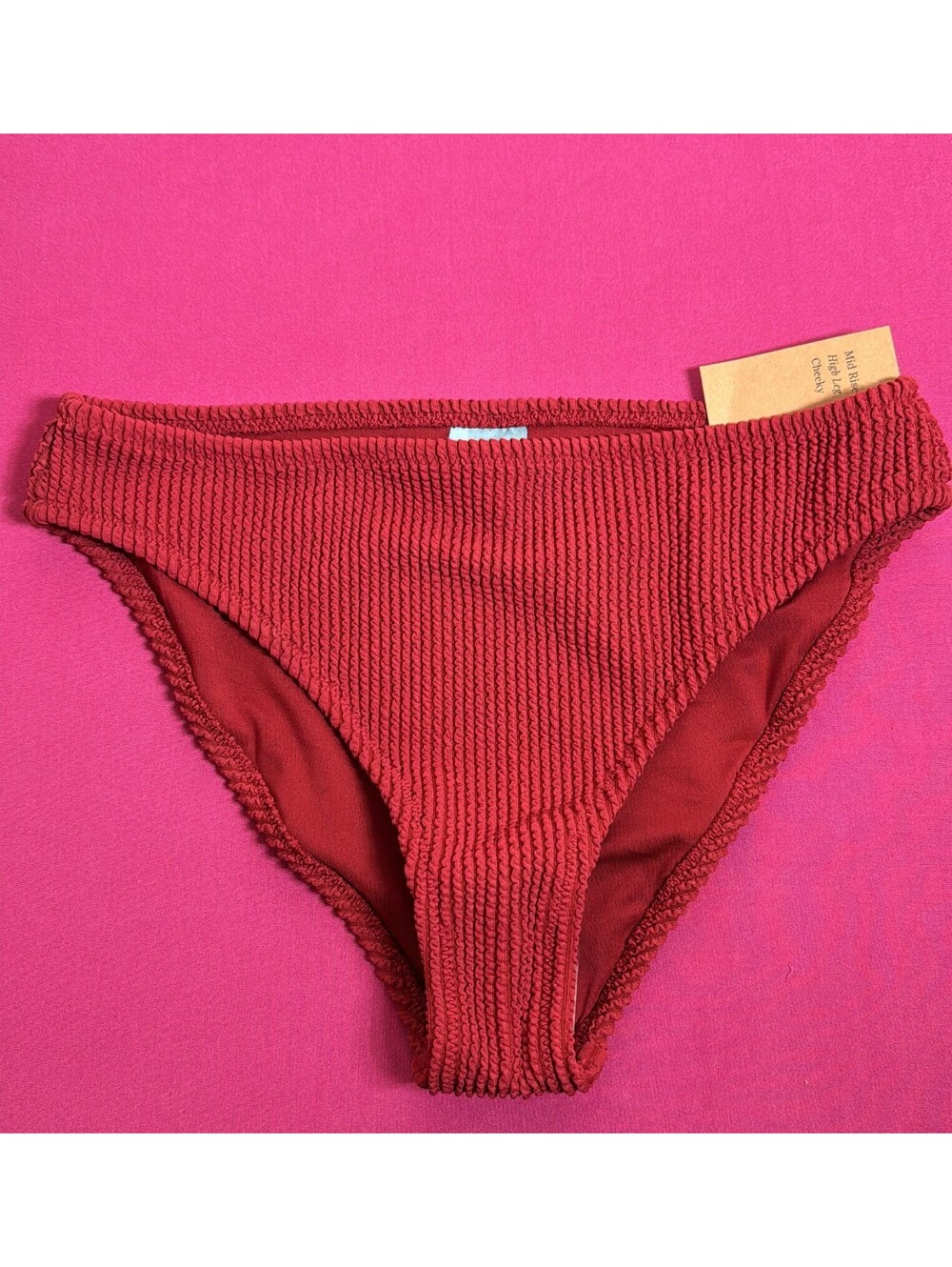 Shade & Shore Ribbed High Waist Cheeky Bikini Bottom Red Textured Size S
